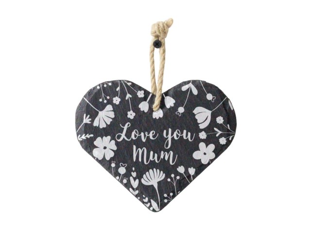 Welsh slate heart shaped hanging sign engraved with the words mam arbennig
